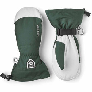 Hestra green and white insulated winter mittens with wrist straps