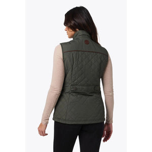 Back view of a woman wearing a Mobile Warming olive green quilted vest with brown trim
