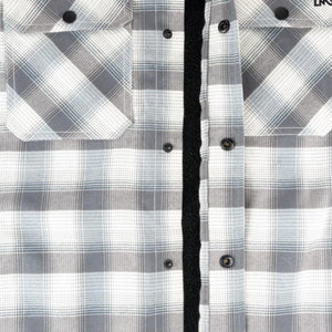 Mobile Warming grey and white plaid flannel shirt with black snap buttons and black fleece lining