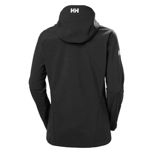 Back view of a black Helly Hansen hooded softshell jacket