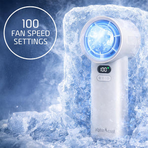 AlphaCool handheld fan with digital display showing 100 speed settings encased in ice