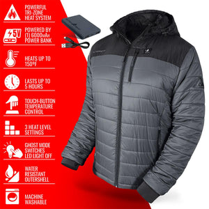 ActionHeat hooded jacket with power bank and feature list icons
