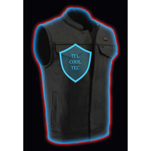 Milwaukee Leather black motorcycle vest with TFL Cool Tec shield graphic