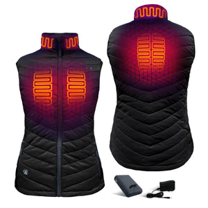 Aheata heated vest showing front and back heating elements with battery pack and charger