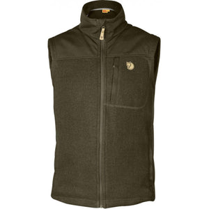 FjallRaven olive green fleece vest with a chest pocket and full zip closure