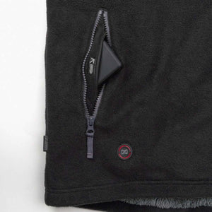 Mobile Warming black fleece vest pocket with battery pack and power button