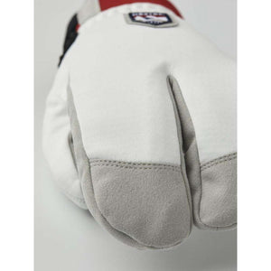 White and grey split finger ski glove with Hestra brand patch
