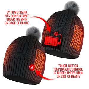 ActionHeat beanie showing power bank placement and touch button temperature control location