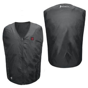 Front and back view of a black Gerbing heated vest with a front zipper and power button