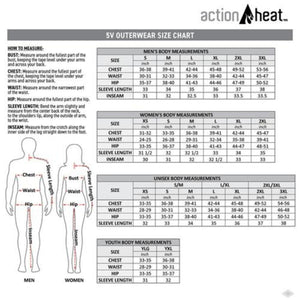 ActionHeat 5V outerwear size chart with measurement instructions and body diagrams for men and women