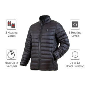 Venture Heat black puffer jacket with icons showing 3 heating zones 3 heating levels fast heat up and 12 hour duration