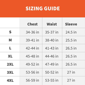 Sizing guide table showing chest waist and sleeve measurements for sizes small through 4XL