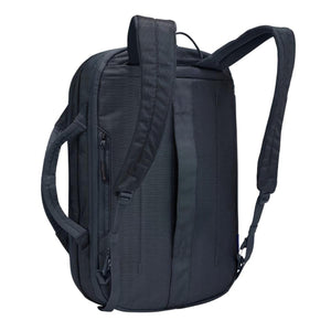 Back view of a black Thule backpack with padded shoulder straps and side carry handle