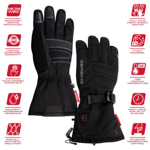 Gerbing heated gloves with feature icons for microwire technology waterproof membrane and temperature control