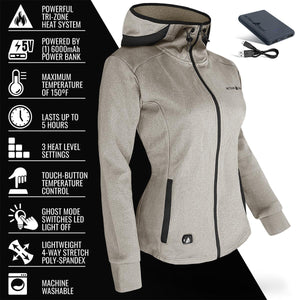 ActionHeat women's heated hooded jacket with power bank and feature list