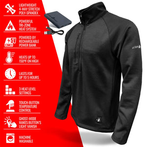 ActionHeat black heated quarter zip pullover with power bank and feature list