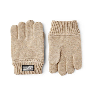 Beige Hestra knit gloves with ribbed cuffs and brand logo patch