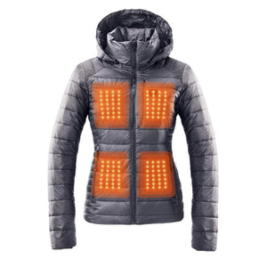 Kelvin grey hooded puffer jacket with four glowing orange heated panels on chest and waist