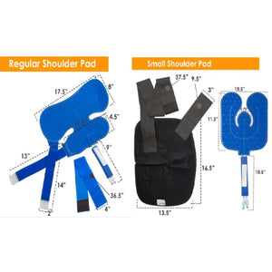 Polar Products regular and small shoulder pad sizing diagrams with measurements