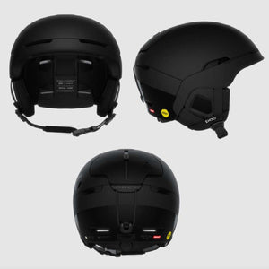 Three views of a black POC Obex Mips ski helmet
