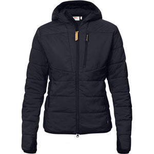 FjallRaven black hooded quilted jacket with front zipper and chest pocket