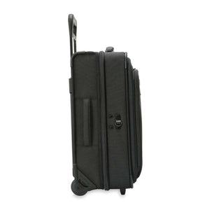 Side view of a black Briggs and Riley rolling carry on suitcase with extended handle