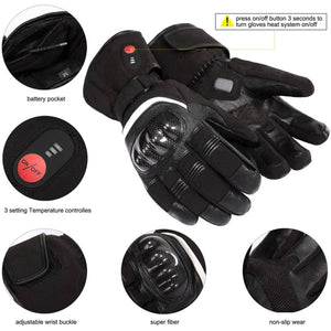 Black heated motorcycle gloves with battery pocket, temperature controller, wrist buckle, and non-slip palm