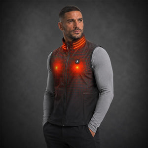 Man wearing an ActionHeat heated vest with glowing chest and collar heating elements