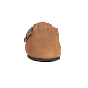 Cloud Nine Sheepskin tan suede clog with side buckle