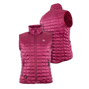 Fieldsheer women's burgundy quilted heated vest shown from front and back views