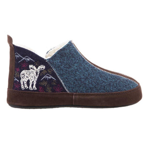 Acorn blue knit slipper with moose and mountain embroidery and brown suede trim