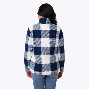 Back view of a Mobile Warming blue and white buffalo plaid fleece jacket