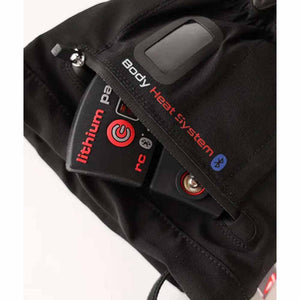 Lithium battery pack for body heat system inside black fabric pocket