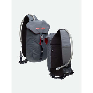 Nathan grey hydration backpack with drinking tube and black mesh back panel