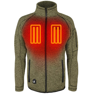Olive green knit heated jacket with chest heating elements highlighted in orange