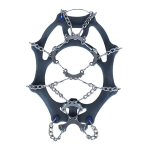 Snowline traction cleats with metal chains and spikes on a black rubber frame