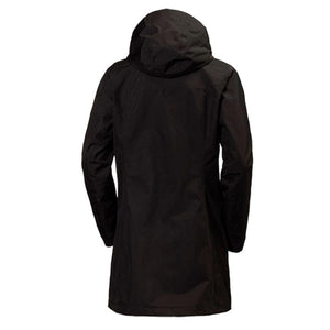 Back view of a black Helly Hansen hooded rain jacket