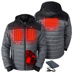 ActionHeat hooded jacket showing internal heating element dimensions and battery pack connection