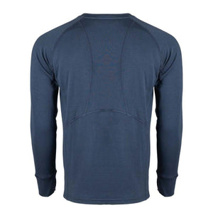 Back view of a blue Mobile Warming long sleeve base layer shirt