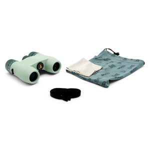 NOCS Provisions green binoculars with a carrying pouch, cleaning cloth, and black neck strap