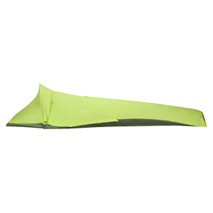 Lime green single person bivy tent viewed from the side