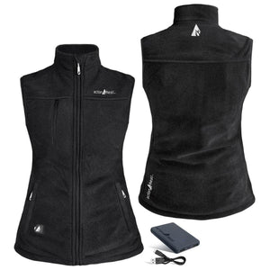 ActionHeat black fleece vest shown from front and back with battery pack and charging cable