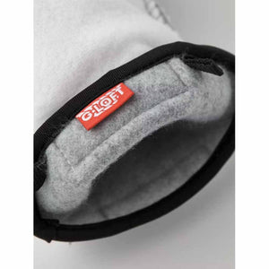 Hestra glove interior with grey fleece lining and red G-Loft brand tag