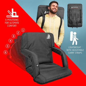 ActionHeat stadium seat showing six adjustable reclining positions and backpack carry straps