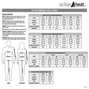 ActionHeat 5V outerwear size chart with measurement instructions for men women unisex and youth