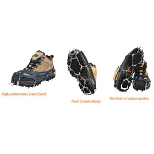 Snowline traction cleats showing elastic band, front spikes, and chain structure on hiking boots