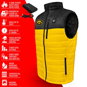 ActionHeat heated vest with feature list including 4 zone heating, 10000 mAh power bank, and 3 heat settings