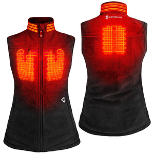 Gerbing heated vest showing front and back views with glowing heating elements