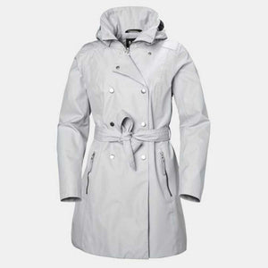 Helly Hansen light grey double breasted trench coat with hood and waist tie
