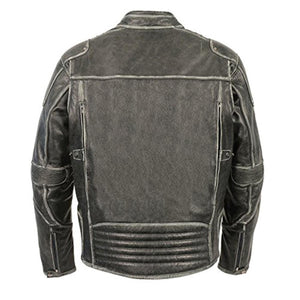 Back view of Milwaukee Leather distressed black motorcycle jacket with zippered vents and quilted lower back panel